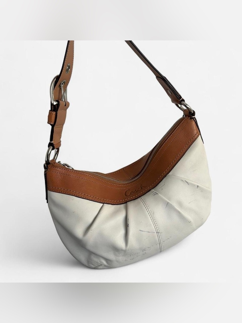 Coach Two-Tone Leather Shoulder Hobo in Cream and Brownies